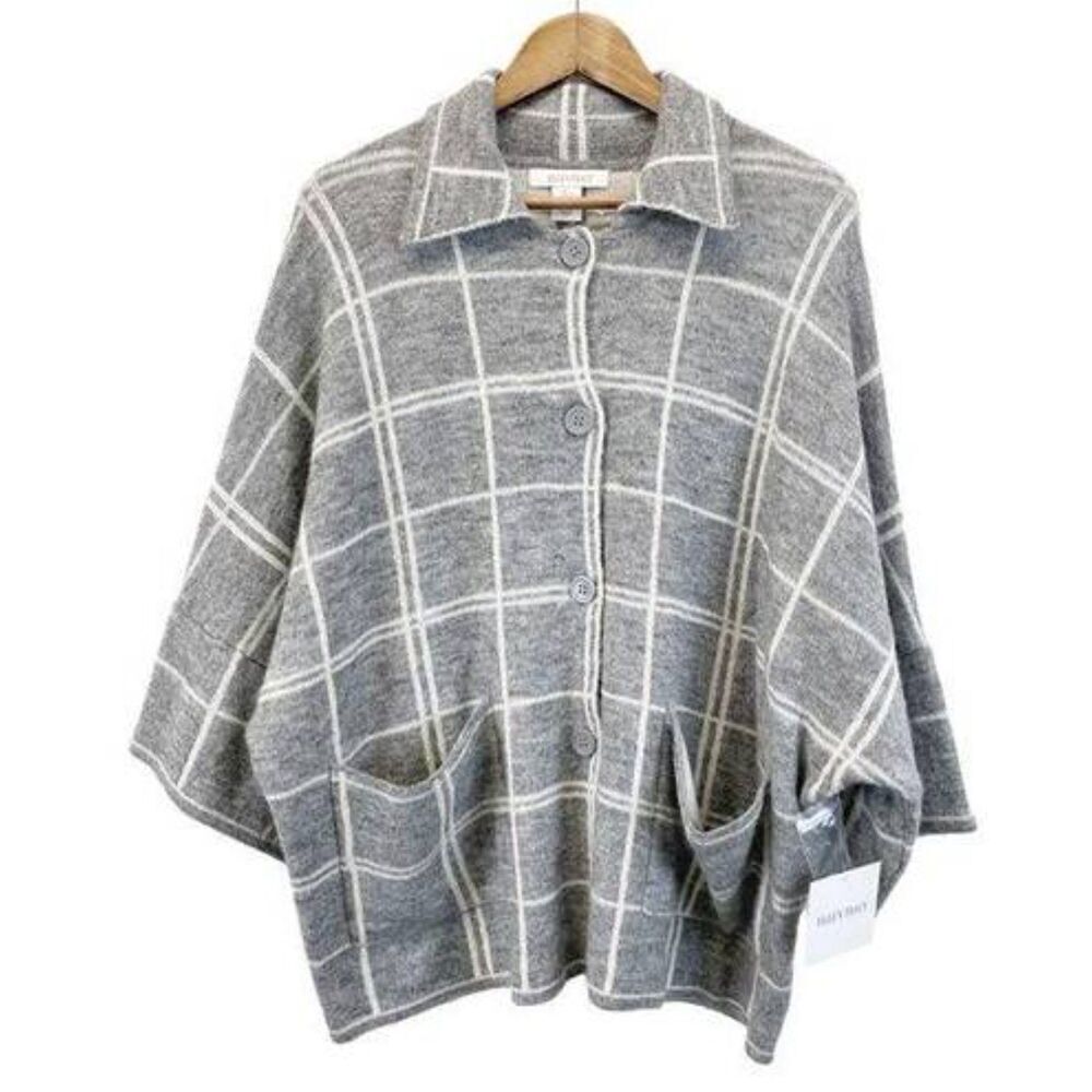Gray Ellen Tracy Windowpane Plaid Button Front Chunky Knit Cardigan Sweater, NWT
